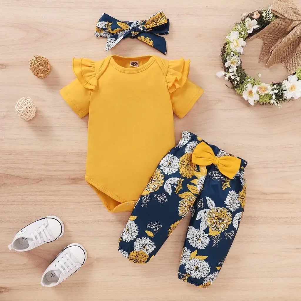 Ensemble Bébé Fille 3 Pièces — Body Manches Courtes, Pantalon Floral & Bandeau