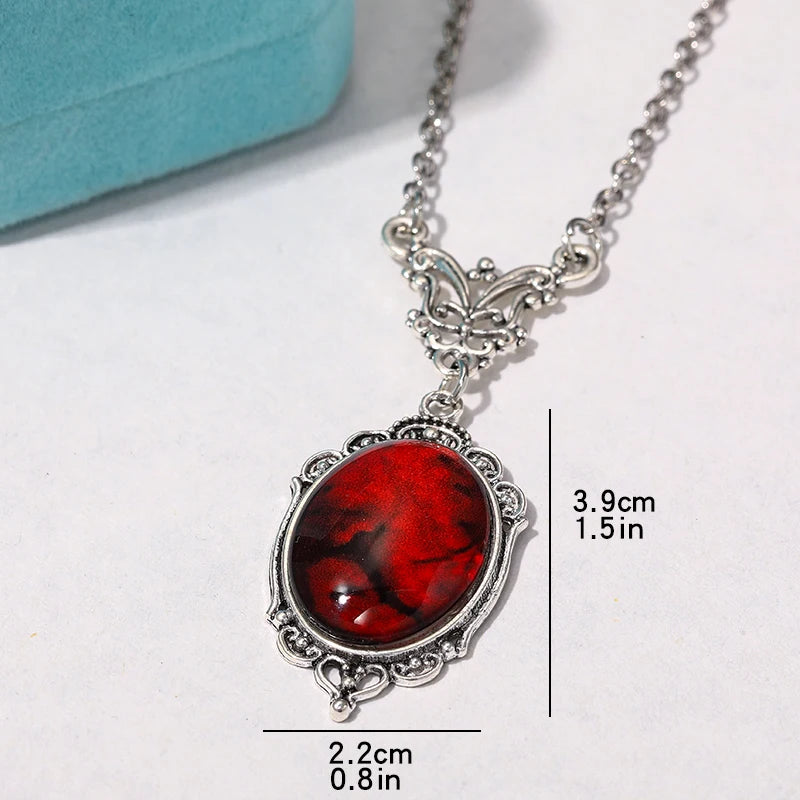 Collier Pendentif Gothique Quartz Rouge — Ovale, Vampire Halloween, Vintage Choker