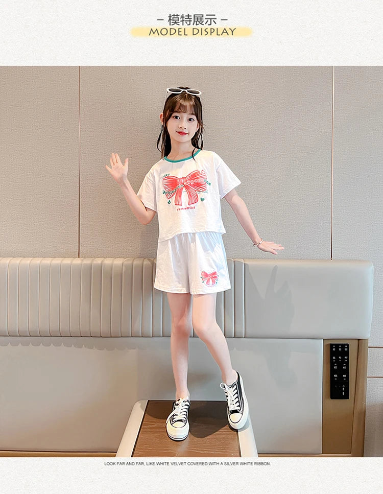 Ensemble 2 pièces filles – T-shirt imprimé nœud manches courtes & short sport, tenue été 2025