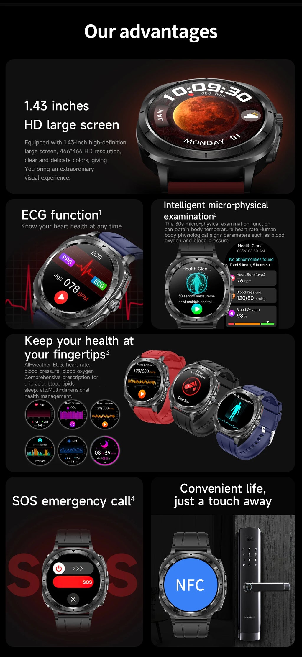 Montre Connectée Santé ECG Laser 2025 — Tension Artérielle, Acide Urique, NFC, Appels