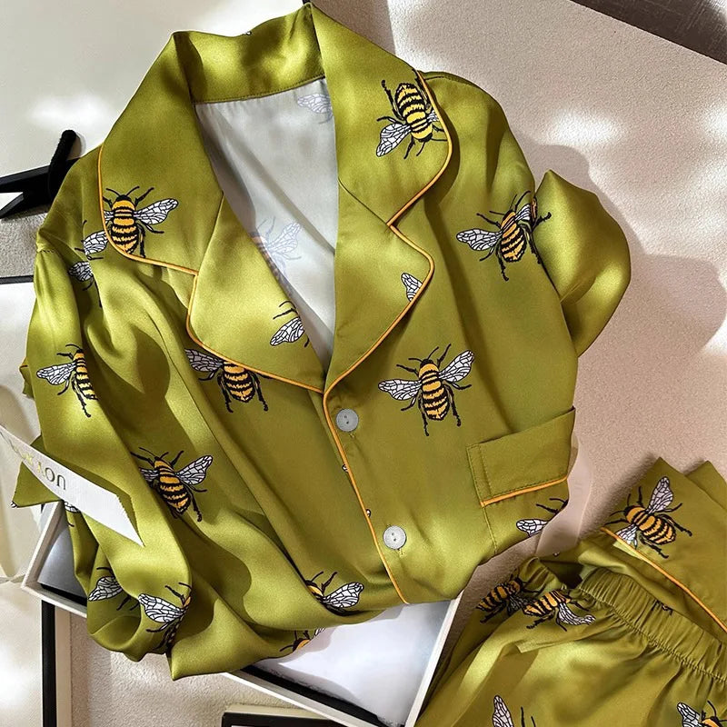Pyjama Femme 2 Pièces Satin Imprimé — Manches Longues, Poche, Printemps-Automne