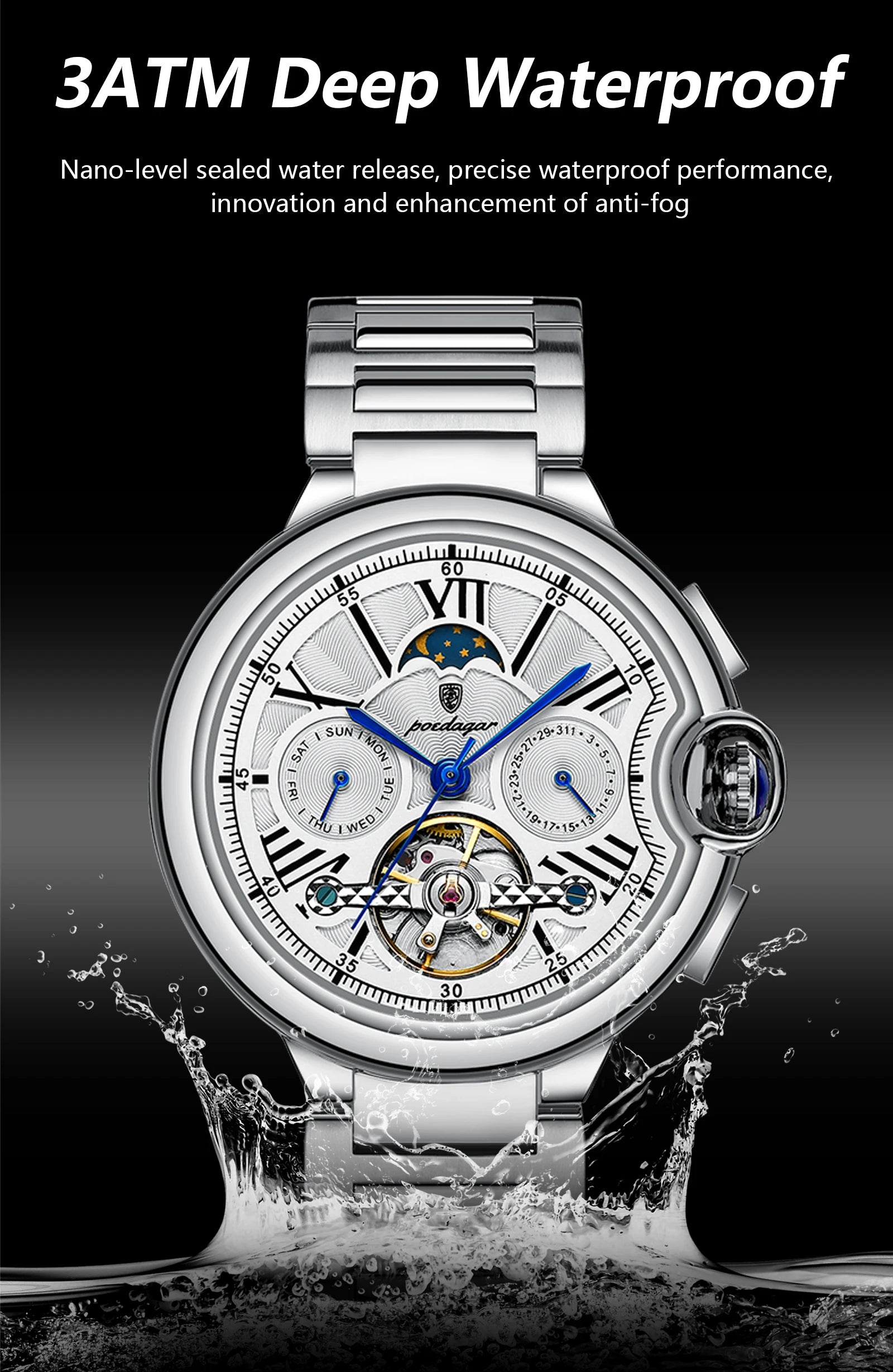 POEDAGAR Montre Automatique Homme Luxe — Tourbillon, Acier, Date & Semaine, Étanche