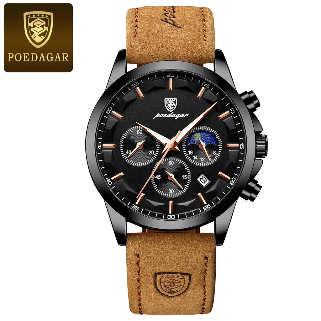 POEDAGAR Montre Homme Luxe Chronographe Cuir — Étanche, Lumineuse, Date, Sport Militaire