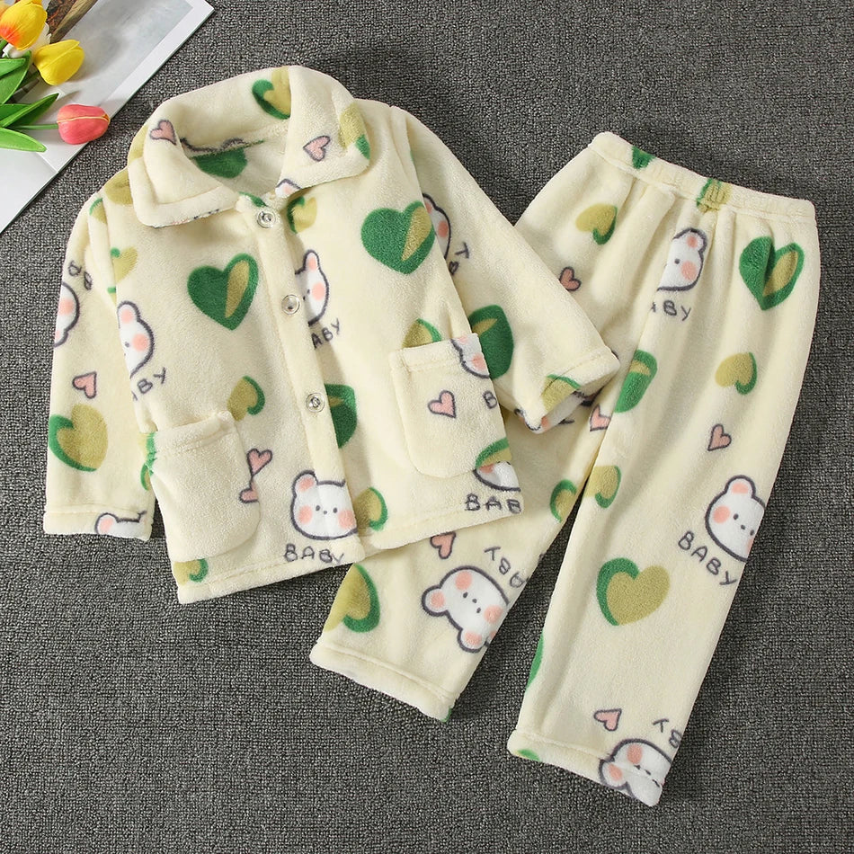 Pyjama Enfant Polaire Cartoon — Manches Longues, Chaud Hiver, Garçon & Fille
