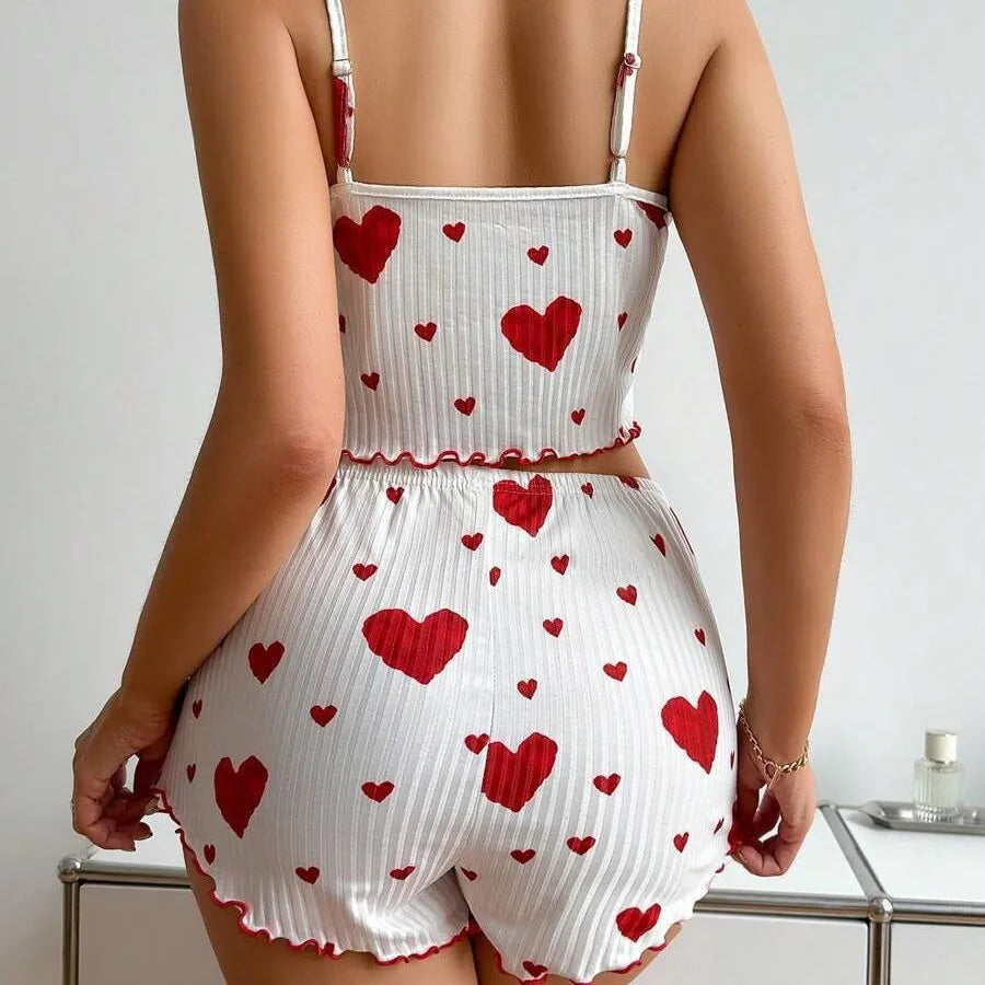 Pyjama Femme 2 Pièces Imprimé Cœur — Top Sans Manches & Short, Doux Été
