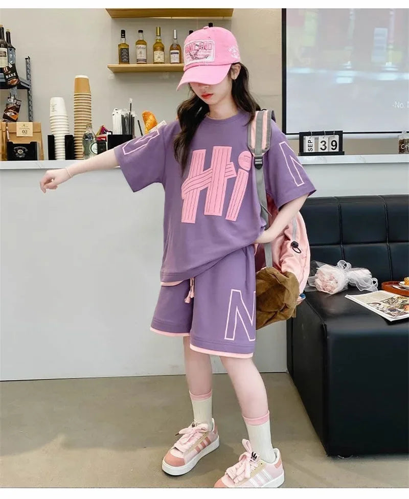Ensemble 2 pièces filles – T-shirt manches courtes & short décontracté imprimé lettres, 5-14 ans