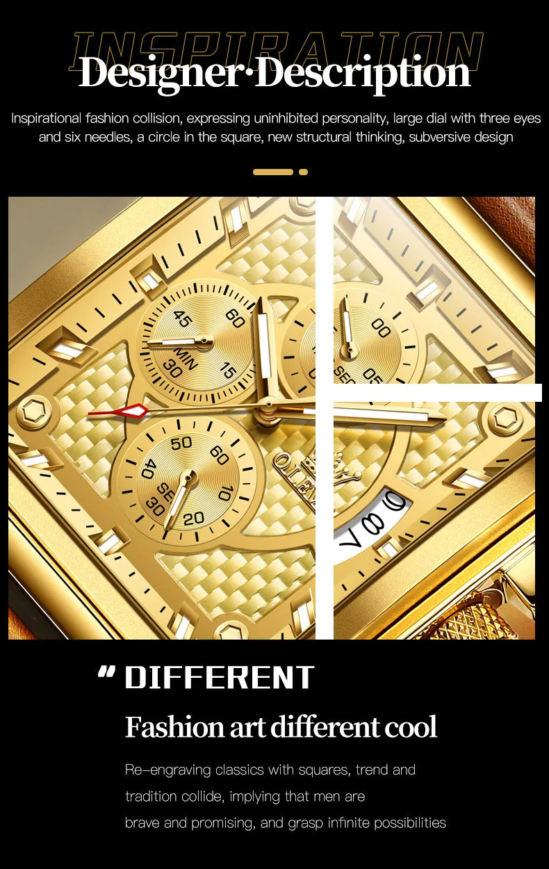 Montre Homme OLEVS Carrée Luxe Quartz — Étanche, Lumineux, Chronographe, Relogio