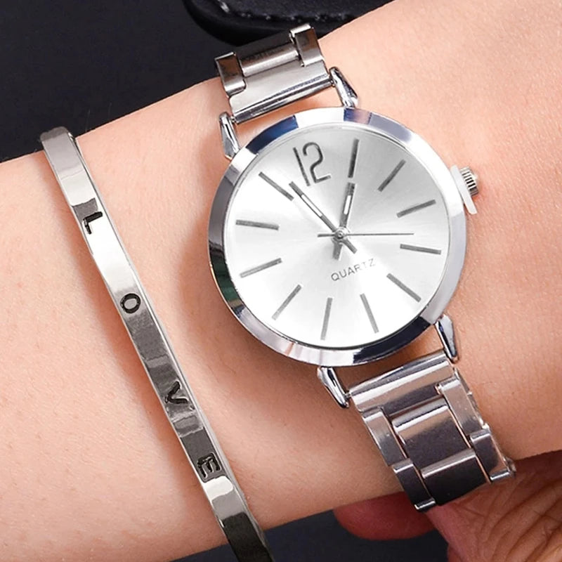 Coffret 2 Montres Femme Luxe — Cadran Simple Creux, Bracelet Or, Quartz Étudiante