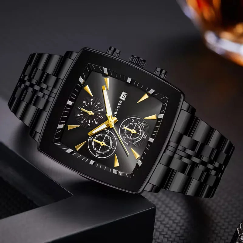 Montre Homme Luxe Carrée Quartz — Acier Inoxydable, Calendrier, Business (Sans Boîte)