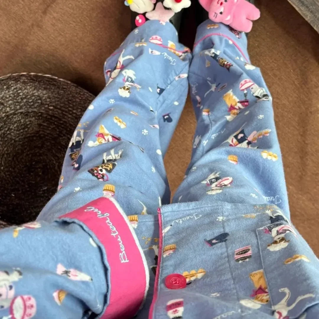 Ensemble Pyjama Femme Coton — Imprimé Cartoon Mignon, 2 Pièces, Manches Longues, Automne