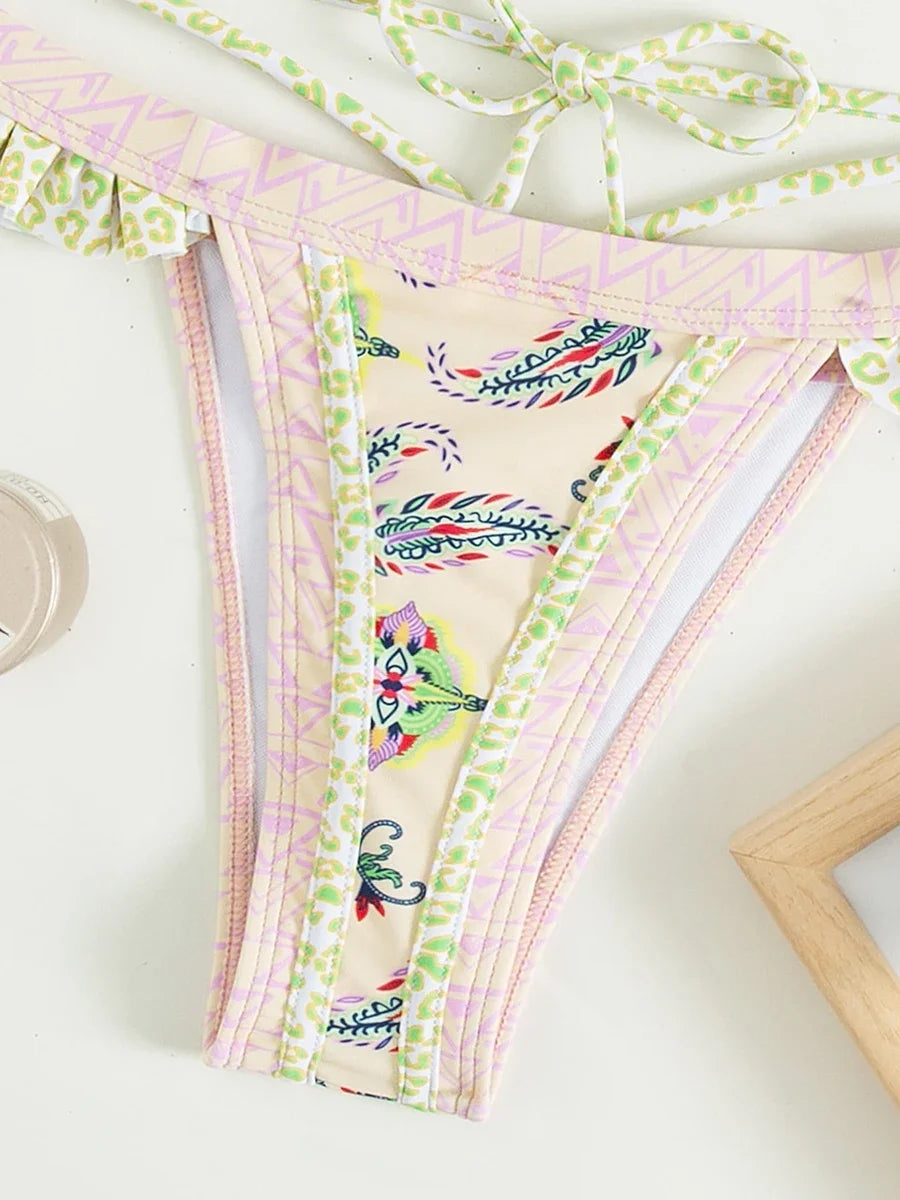 Bikini Halter Floral Volanté Femme — 2 Pièces, Tanga, Maillot de Bain Plage