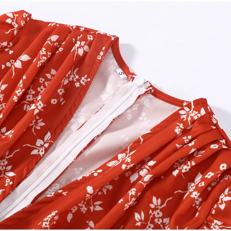 Robe Midi Imprimée Col V Profond — Manches Bouffantes, Taille Haute, Soirée 2026