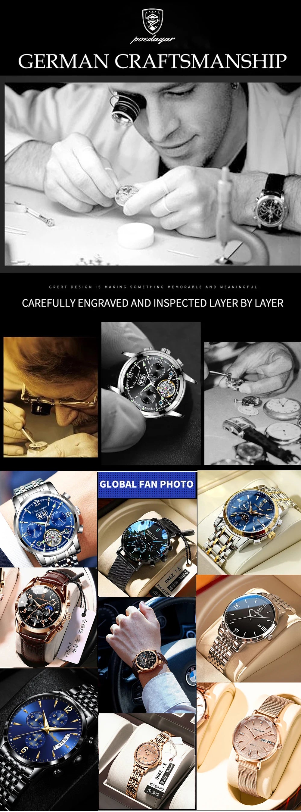 POEDAGAR Montre Homme Sport Luxe Chronographe — Acier Inoxydable, Étanche, Lumineuse