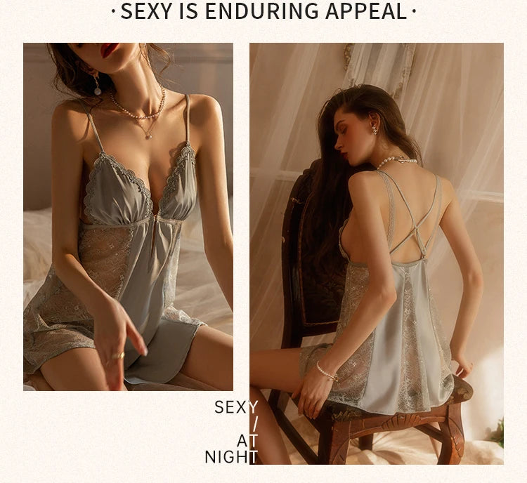 Nuisette Femme Satin Dentelle Bretelles — Chemise de Nuit Soie Glacée, Rembourrée