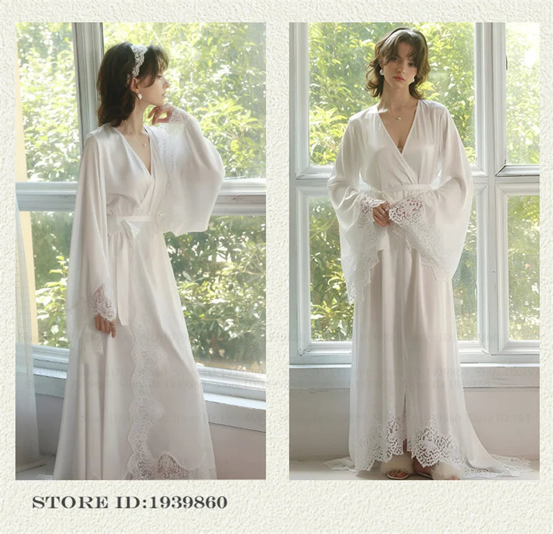 Robe de Chambre Mariée Blanche Dentelle Longue — Kimono Soie Glacée, Sexy Lounge