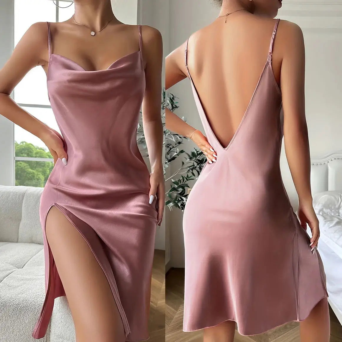 Nuisette Femme Satin Dos Nu Bretelles — Chemise de Nuit Sexy, Lounge Été