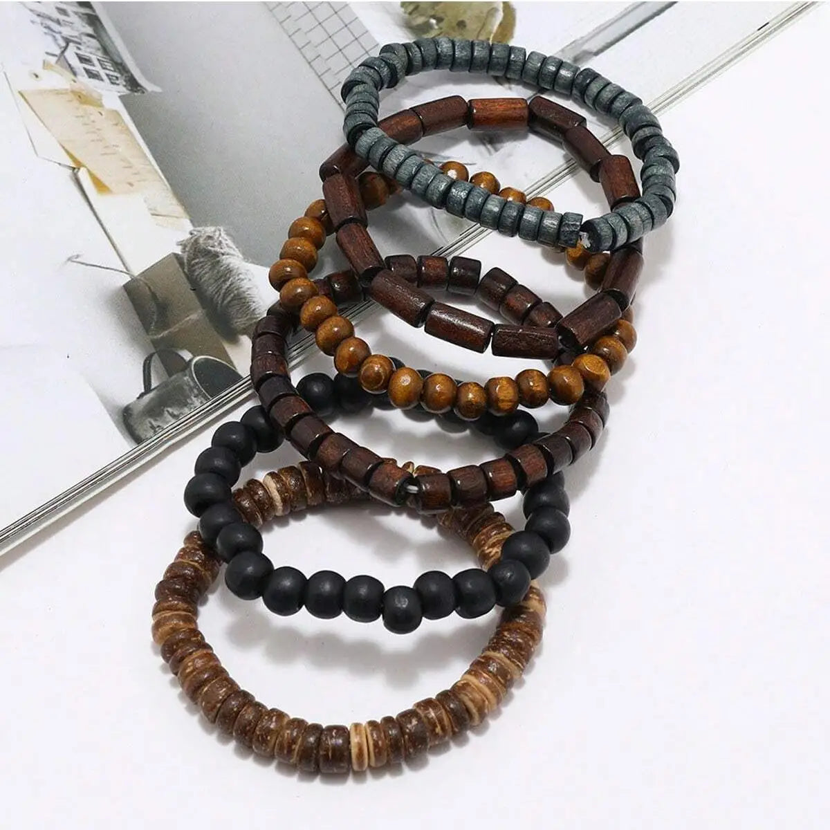 Bracelet Homme Cuir Tressé Bois 6 Pièces — Perles Bois Vintage, Armband Masculin