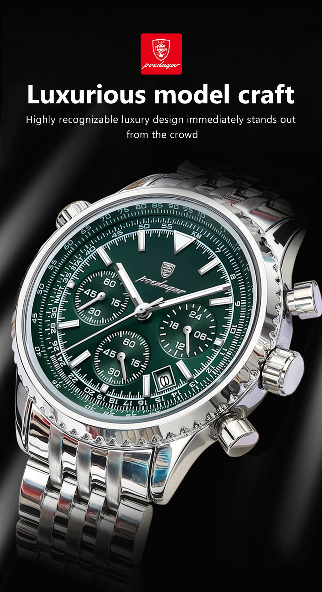 POEDAGAR Montre Homme Luxe Chronographe — Acier Inoxydable, Étanche, Sport Élégant