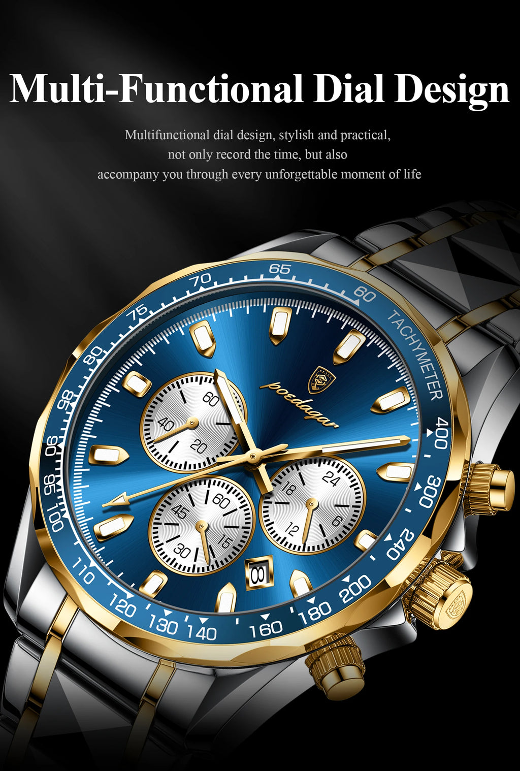 POEDAGAR Montre Homme Sport Luxe Chronographe — Acier Inoxydable, Étanche, Lumineuse