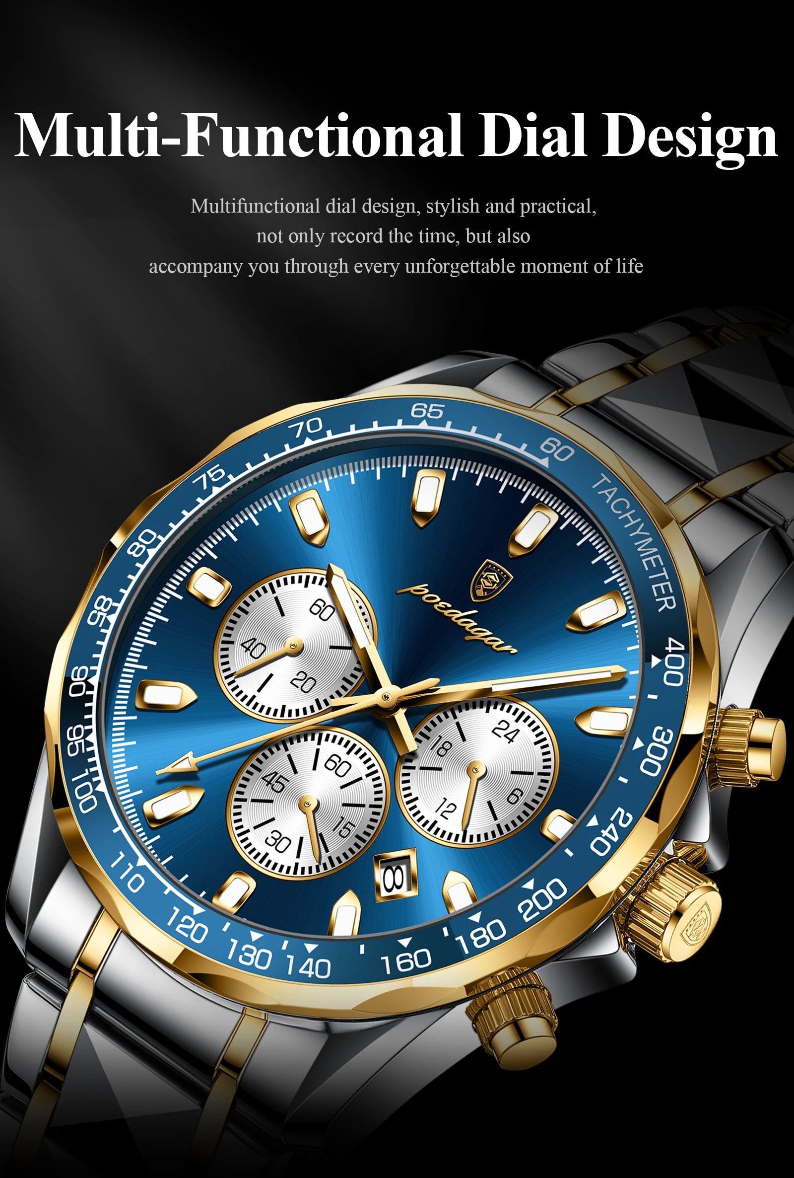 POEDAGAR Montre Homme Sport Luxe Chronographe — Acier Inoxydable, Étanche, Lumineuse