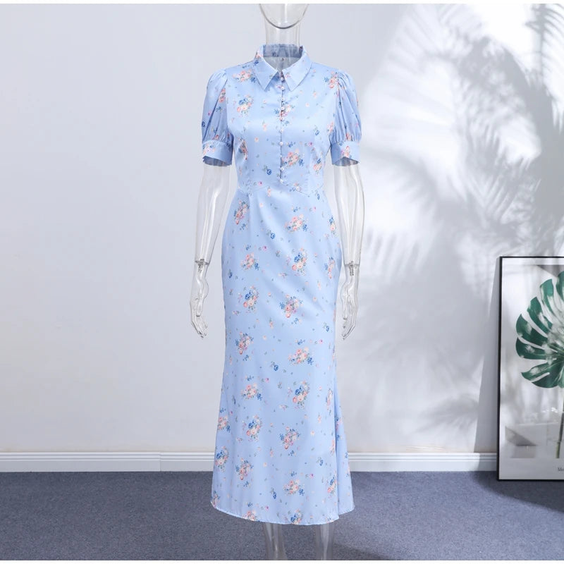 Robe Midi Imprimée Col V Profond — Manches Bouffantes, Taille Haute, Soirée 2026