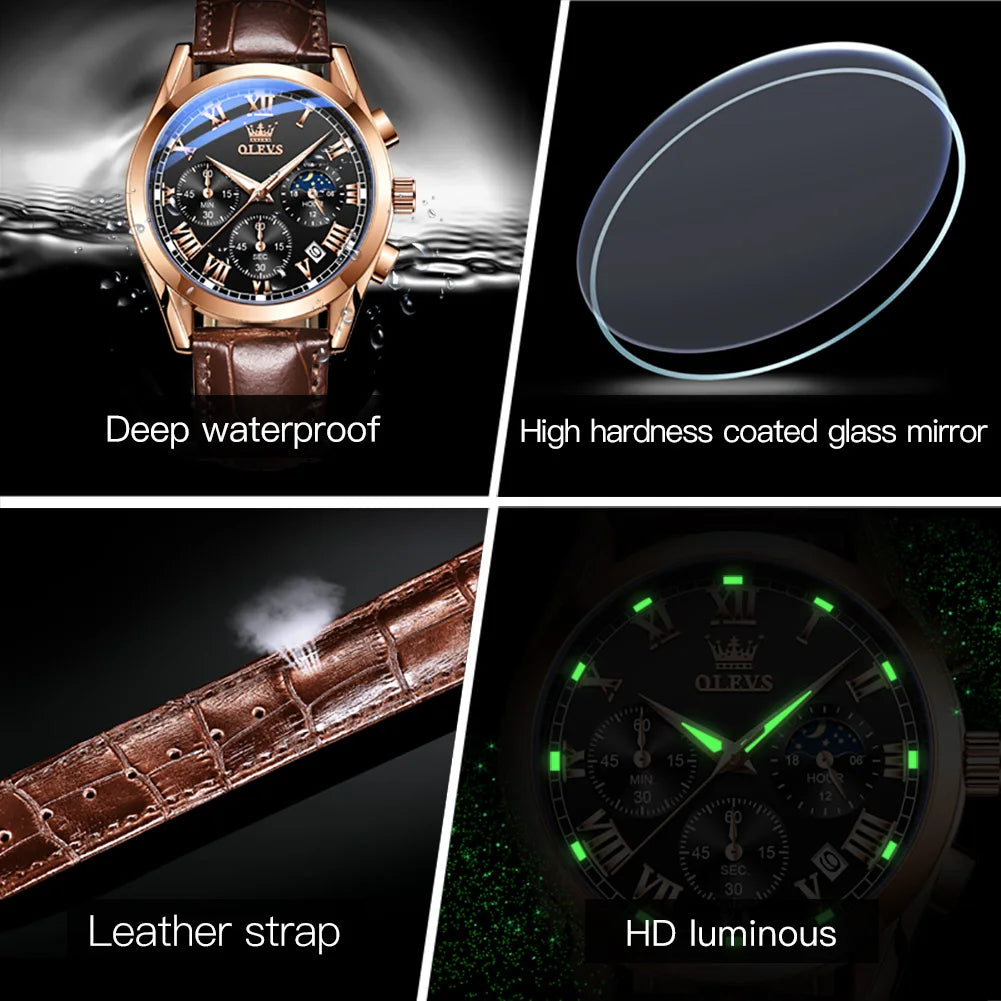 Montre Homme OLEVS 2871 Chronographe Phase de Lune — Étanche, Multifonction, Quartz Luxe
