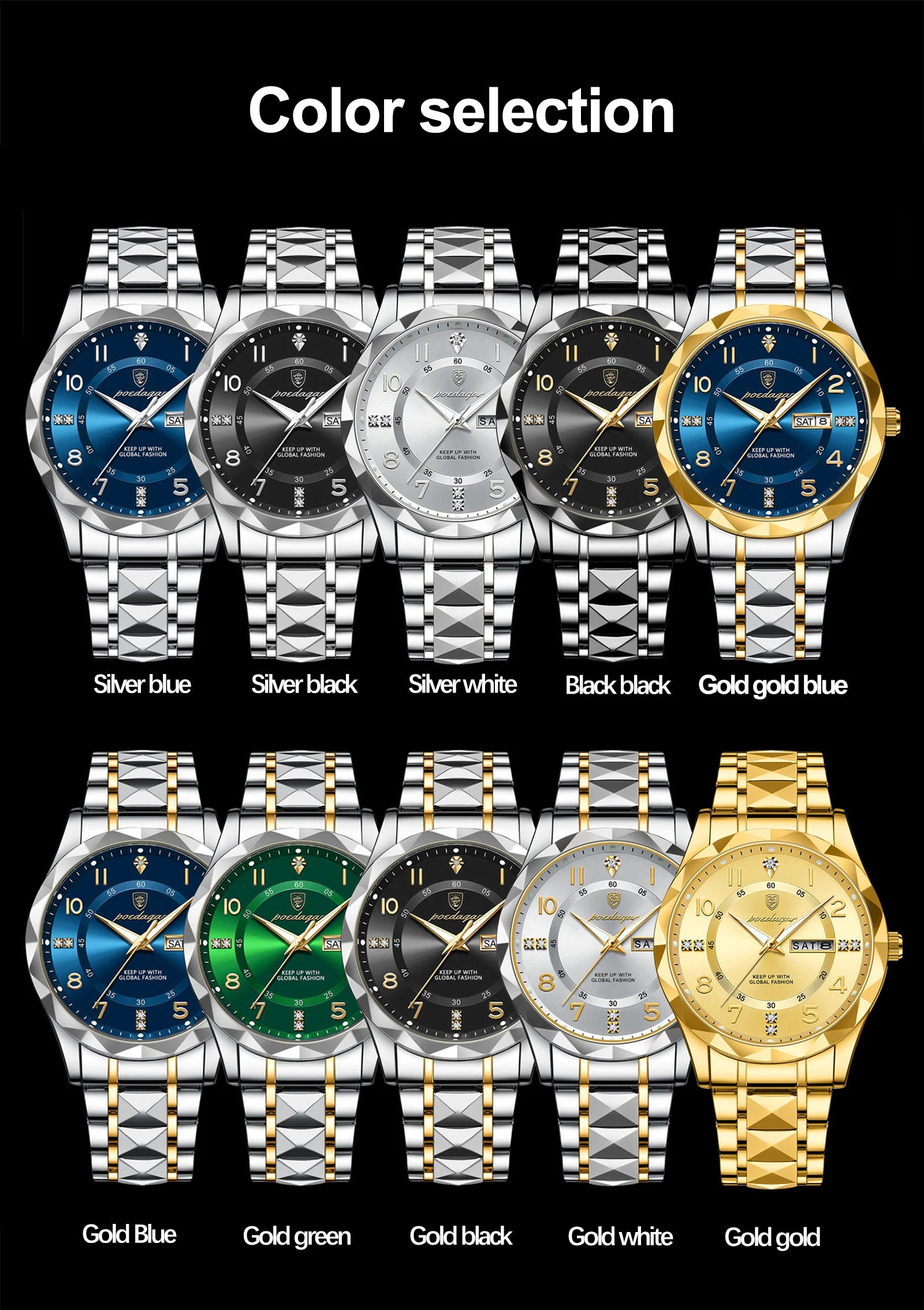 Montre Homme POEDAGAR Business — Acier Inoxydable, Lumineux, Date, Semaine, Quartz