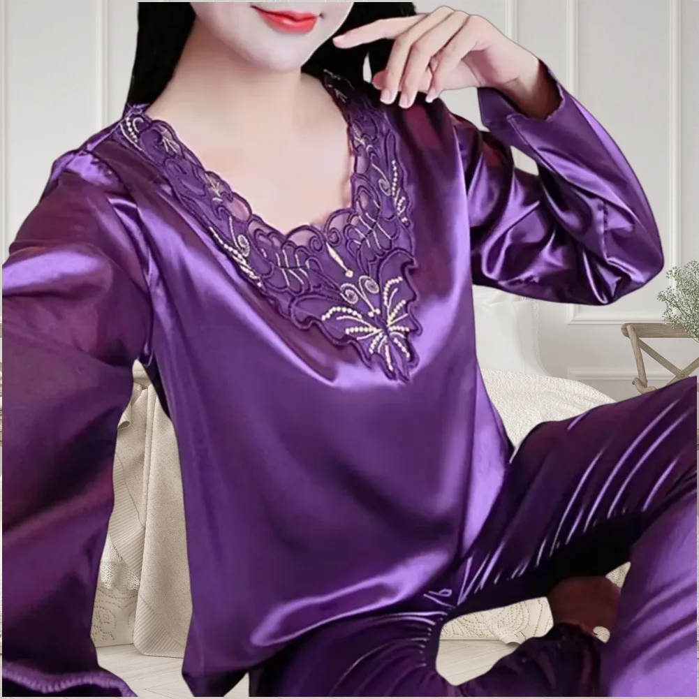 Pyjama Femme Soyeux Manches Longues 2025 — Col V, Dentelle Grande Taille, Lounge
