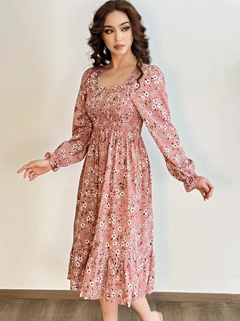 Robe Midi Femme Mousseline Manches Longues — Imprimé Floral Laçage