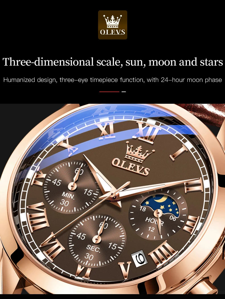 Montre Homme OLEVS 2871 Chronographe Phase de Lune — Étanche, Multifonction, Quartz Luxe