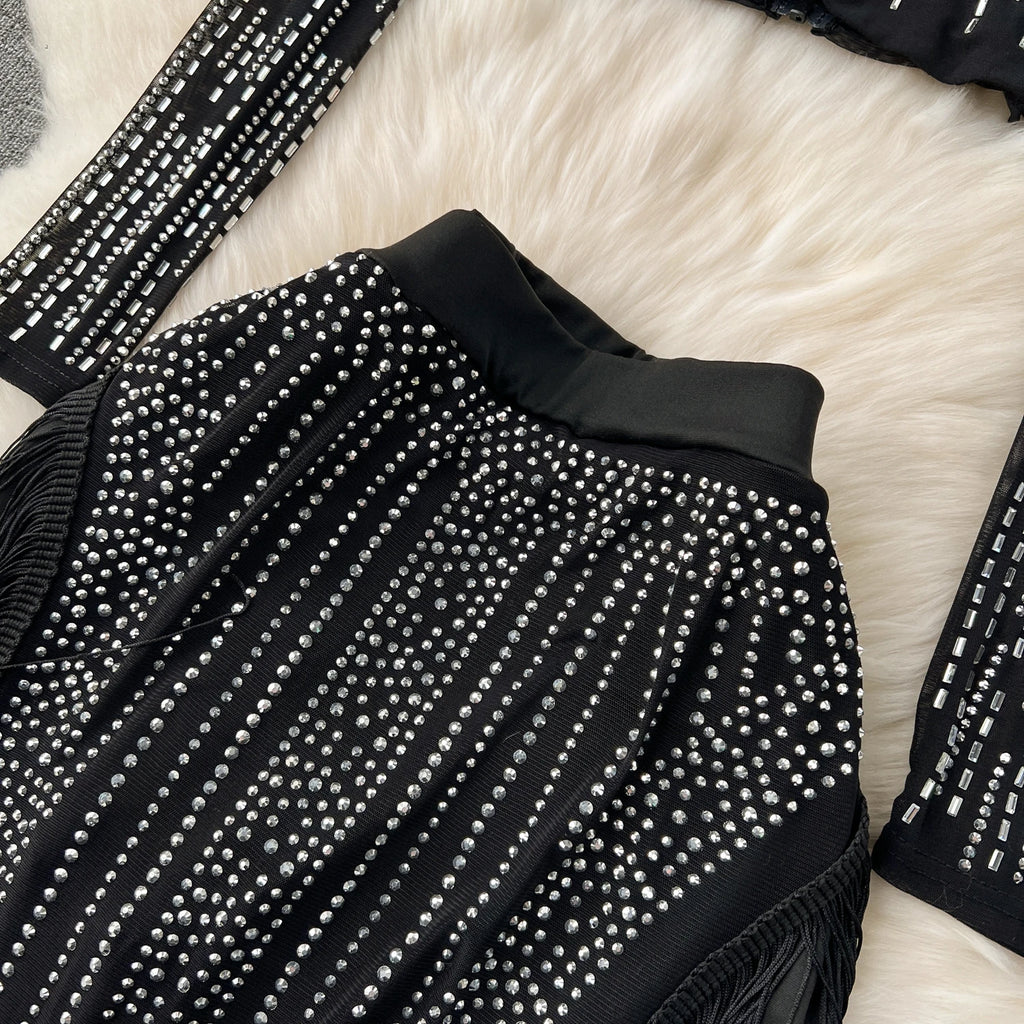Ensemble Femme Manches Longues Sequins & Franges — Jupe Longue Tendance 2024