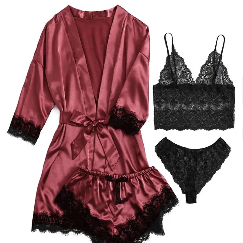 Ensemble Lingerie Femme 4 Pièces Dentelle — Nuisette, Short, Robe de Chambre, Sexy
