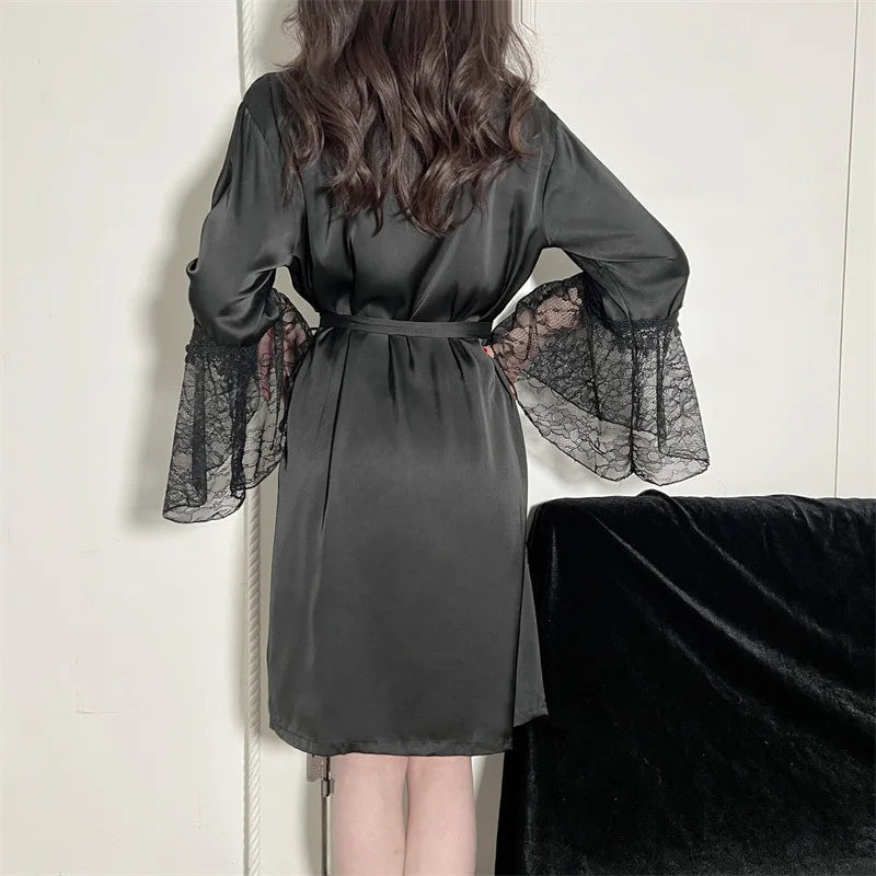 Robe de Chambre Femme Broderie Sexy — Dentelle Satin, Kimono Mariage Été