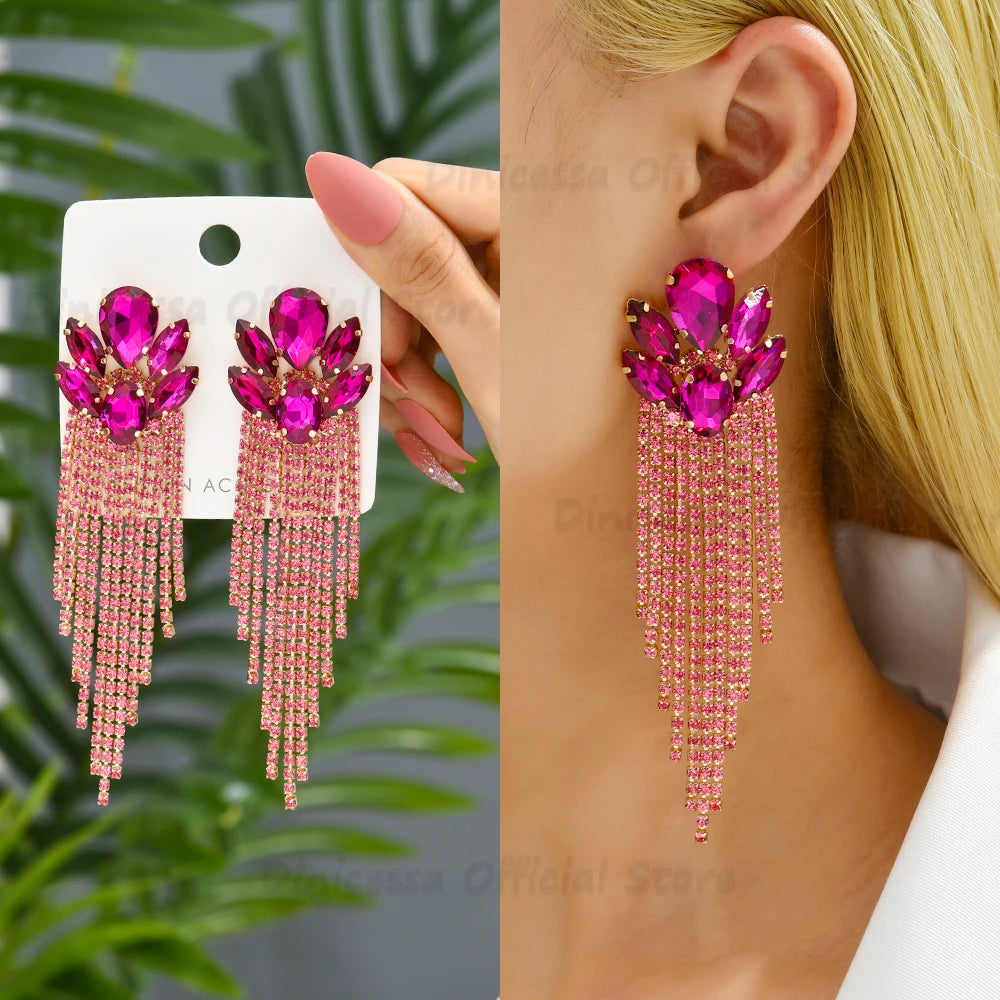 Boucles d'Oreilles Longues Pendantes Cristal Verre Femme — Franges Luxe, Cadeau Bijou
