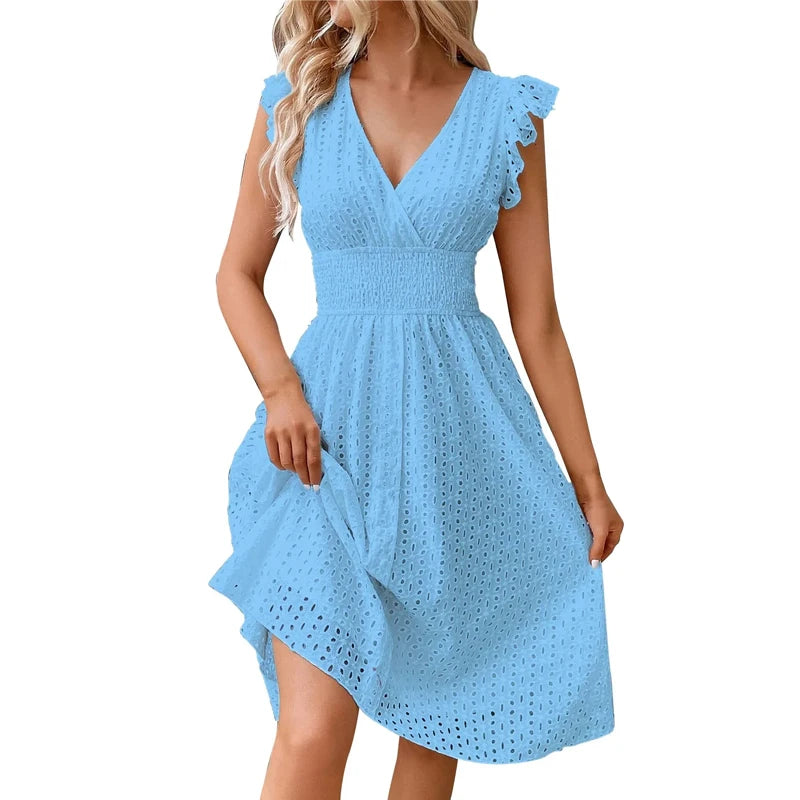 Robe Plage Femme Col V Manches Évasées — Dentelle Taille, Couleur Unie, Vacances