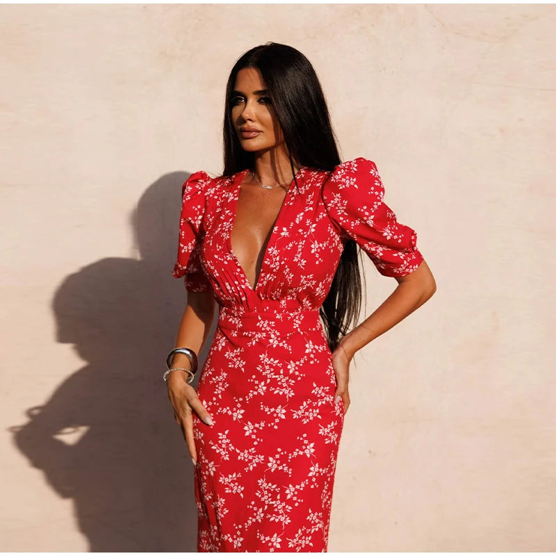 Robe Midi Imprimée Col V Profond — Manches Bouffantes, Taille Haute, Soirée 2026