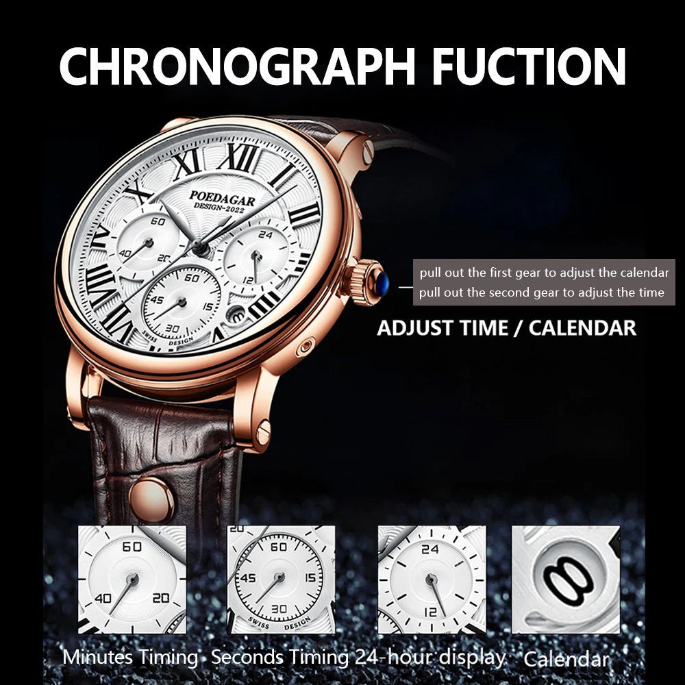 Montre Homme POEDAGAR Luxe Chronographe — Date, Cuir, Étanche, Business