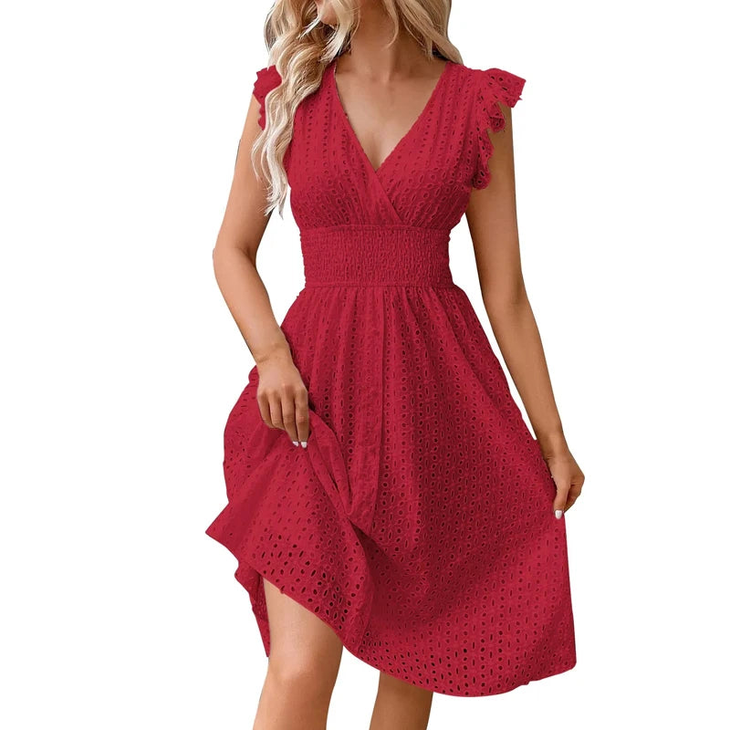 Robe Plage Femme Col V Manches Évasées — Dentelle Taille, Couleur Unie, Vacances