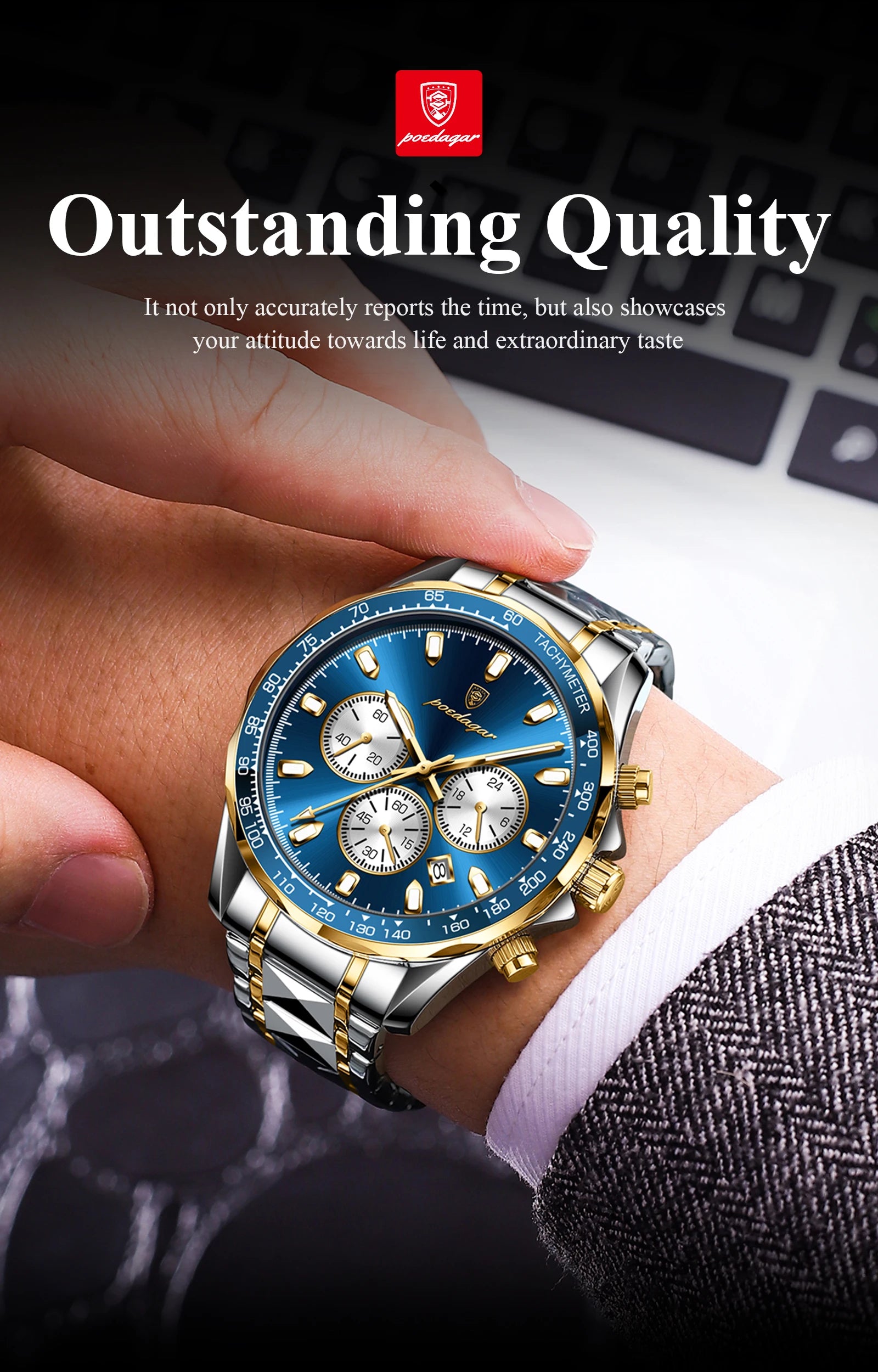 POEDAGAR Montre Homme Sport Luxe Chronographe — Acier Inoxydable, Étanche, Lumineuse