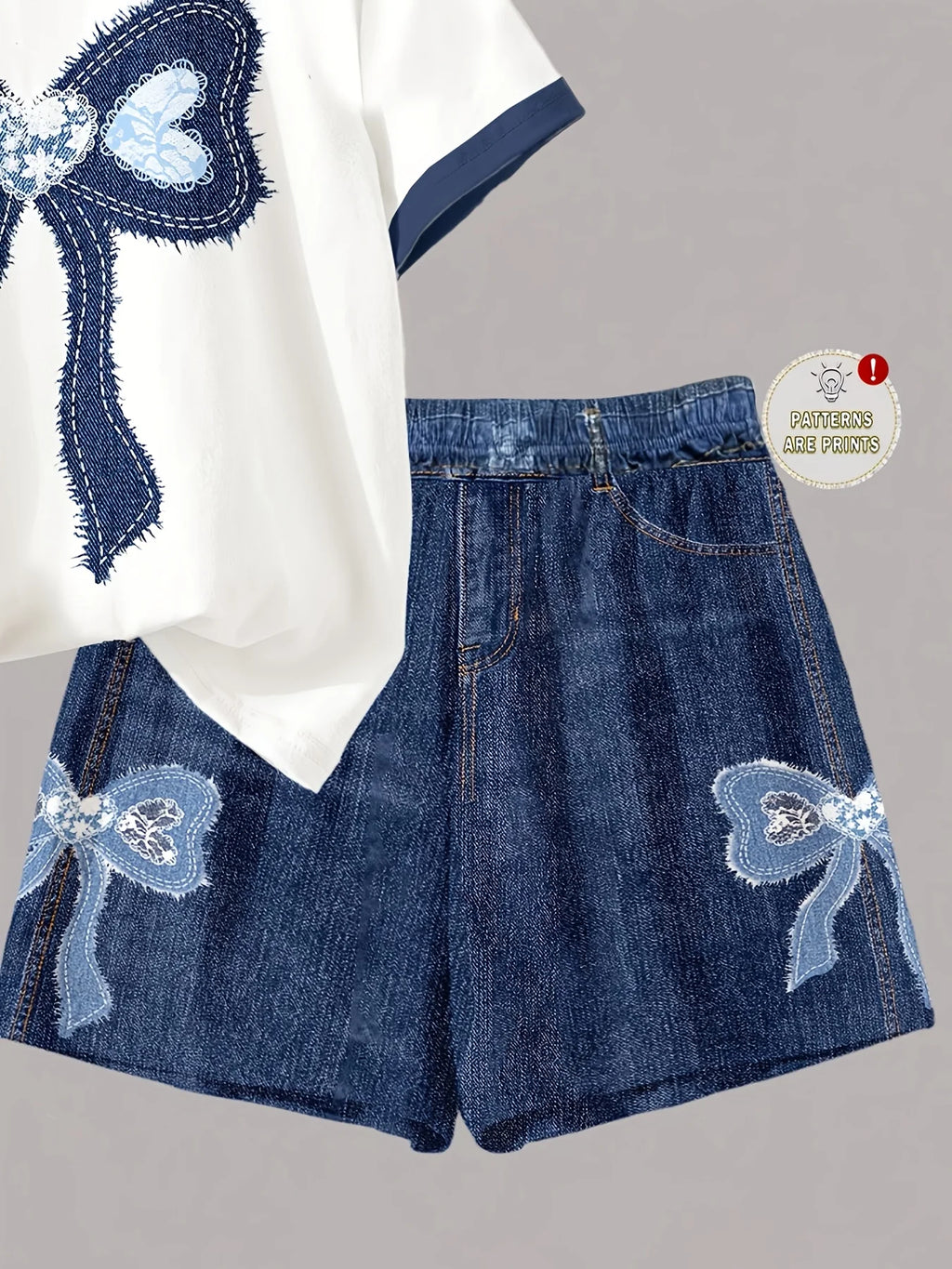Ensemble 2 pièces filles – T-shirt imprimé nœud & short taille haute effet jean, 8-12 ans