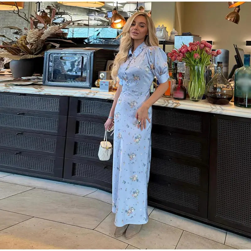 Robe Midi Imprimée Col V Profond — Manches Bouffantes, Taille Haute, Soirée 2026