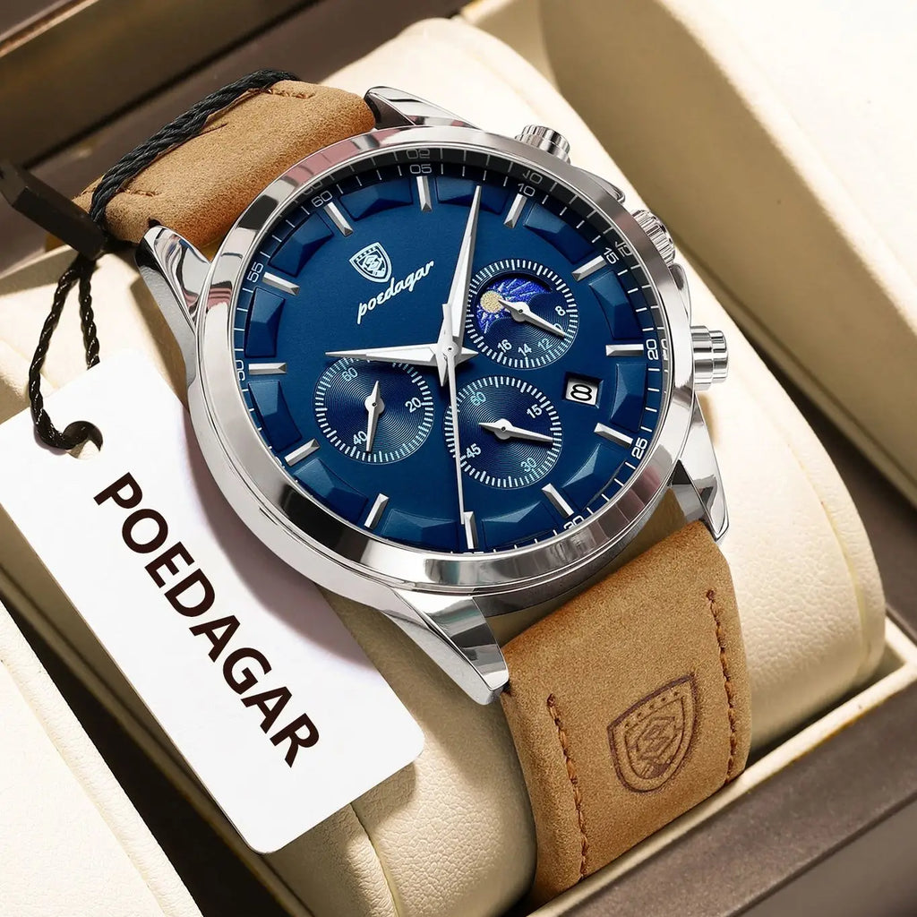 POEDAGAR Montre Homme Luxe Chronographe Cuir — Étanche, Lumineuse, Date, Sport Militaire