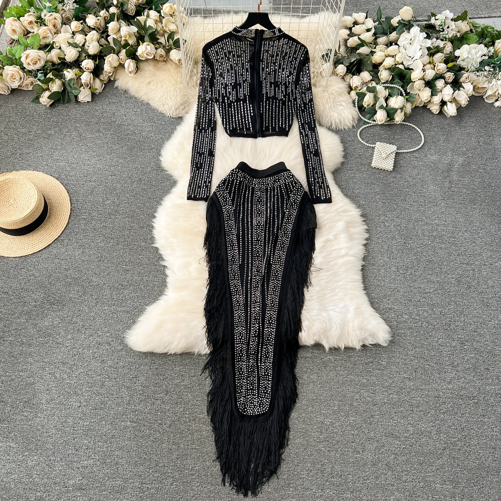 Ensemble Femme Manches Longues Sequins & Franges — Jupe Longue Tendance 2024