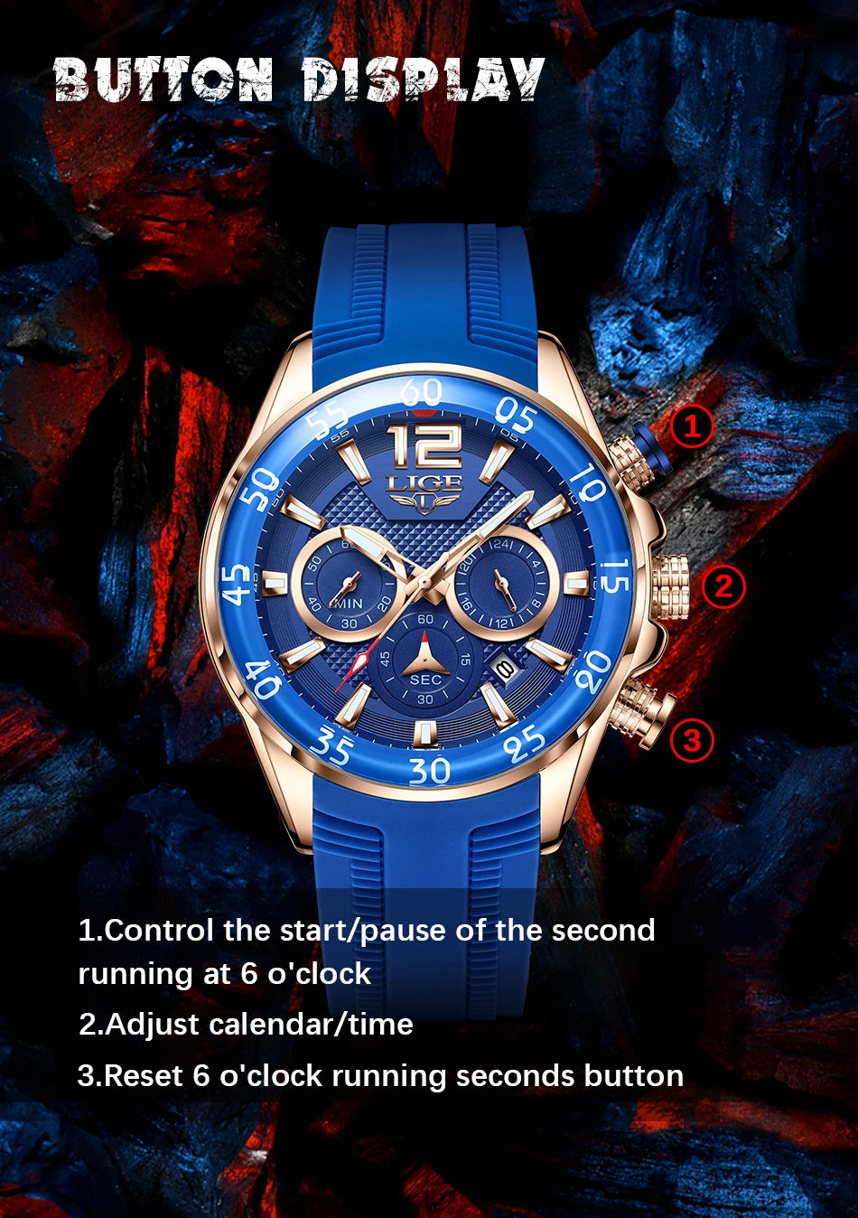 Montre Homme LIGE Sport Rouge Silicone — Étanche, Chronographe Quartz, Luxe