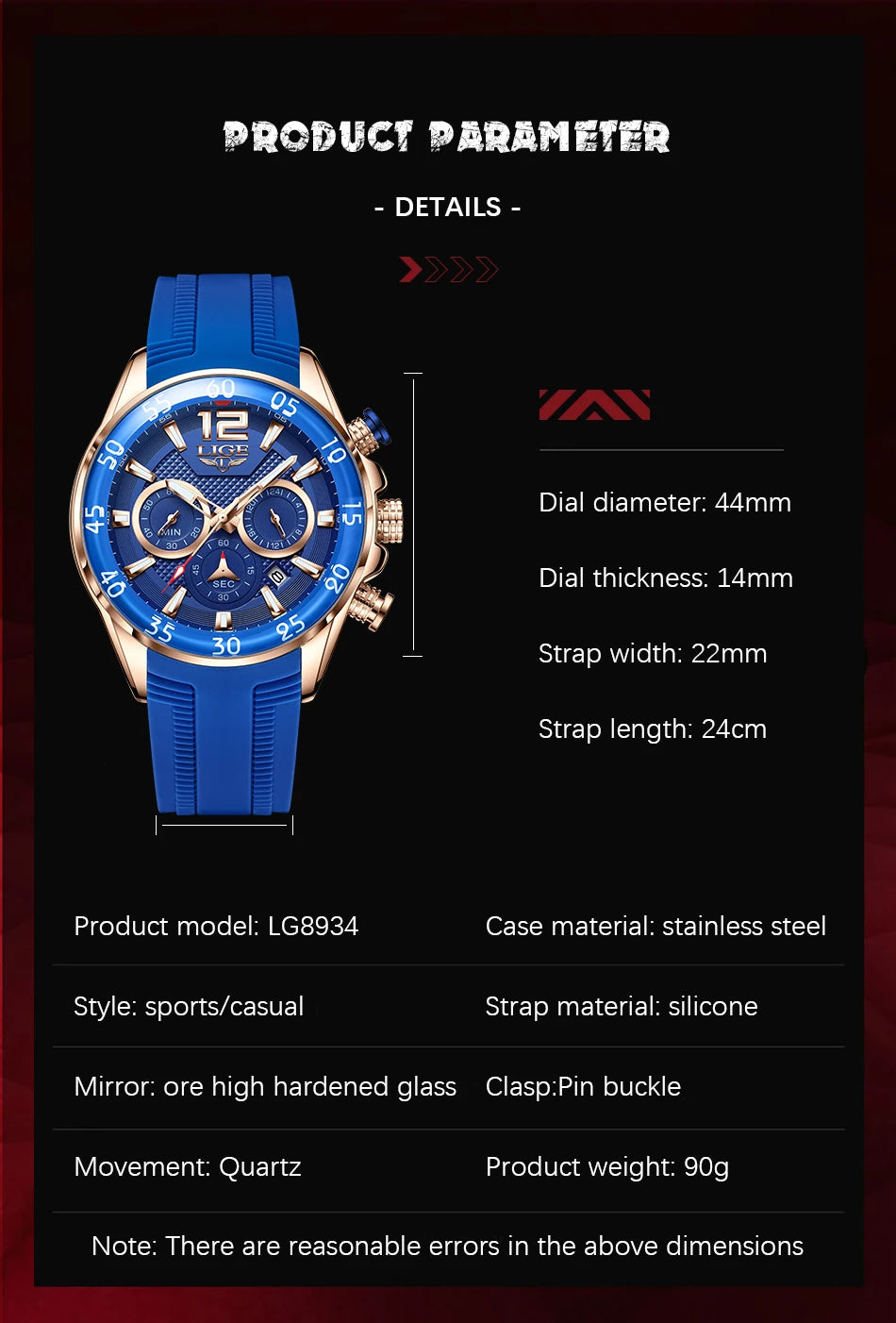 Montre Homme LIGE Sport Rouge Silicone — Étanche, Chronographe Quartz, Luxe