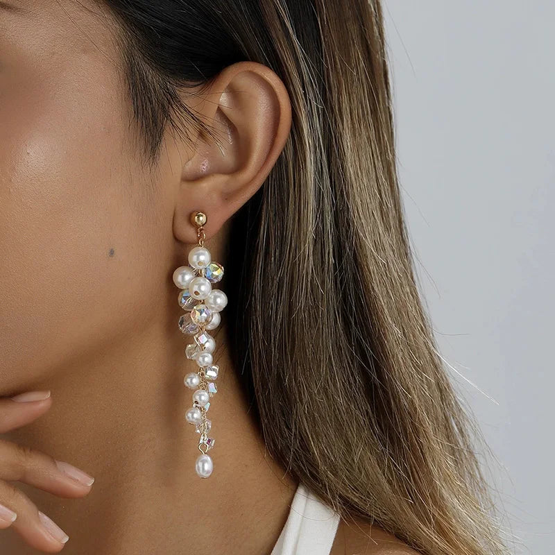 Boucles d'Oreilles Clip Perle Simulée Bohème — Longues Franges, Style Mariage & Banquet