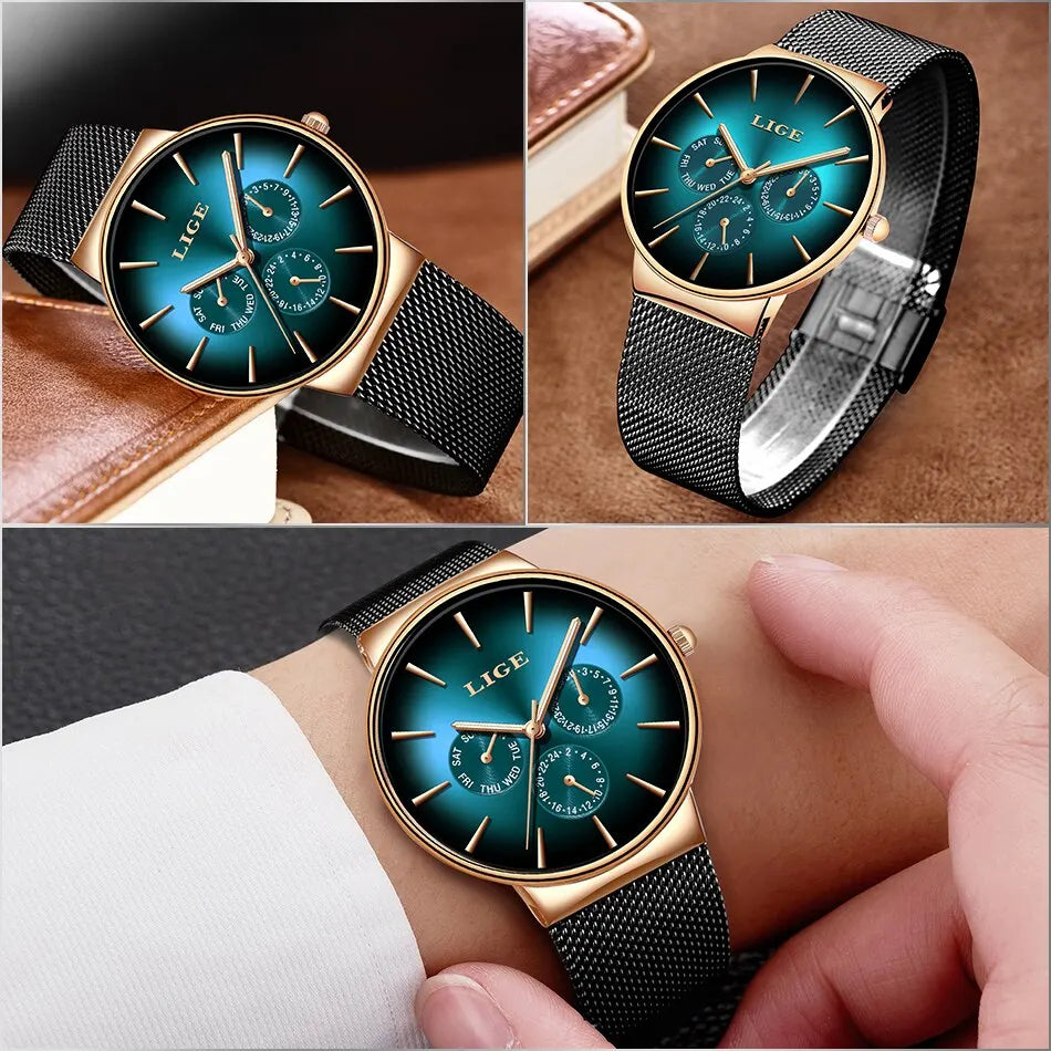 Montre Homme LIGE Luxe Quartz — Maille Acier Ultra-Fine, Étanche, Sport