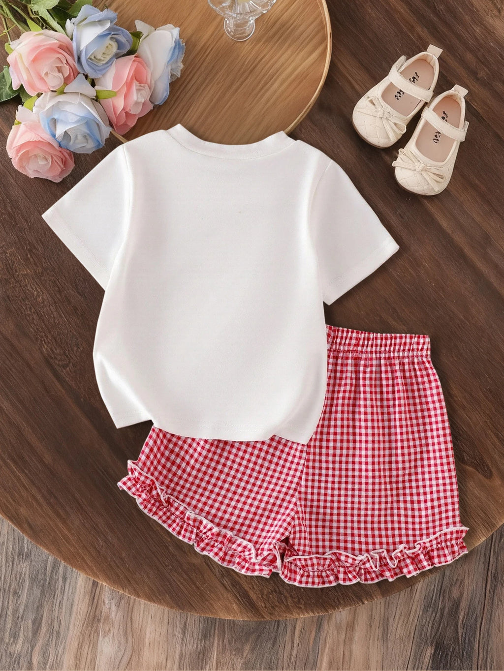 Ensemble 2 pièces filles – Haut manches courtes imprimé cerises & short à carreaux avec dentelle, col rond, été