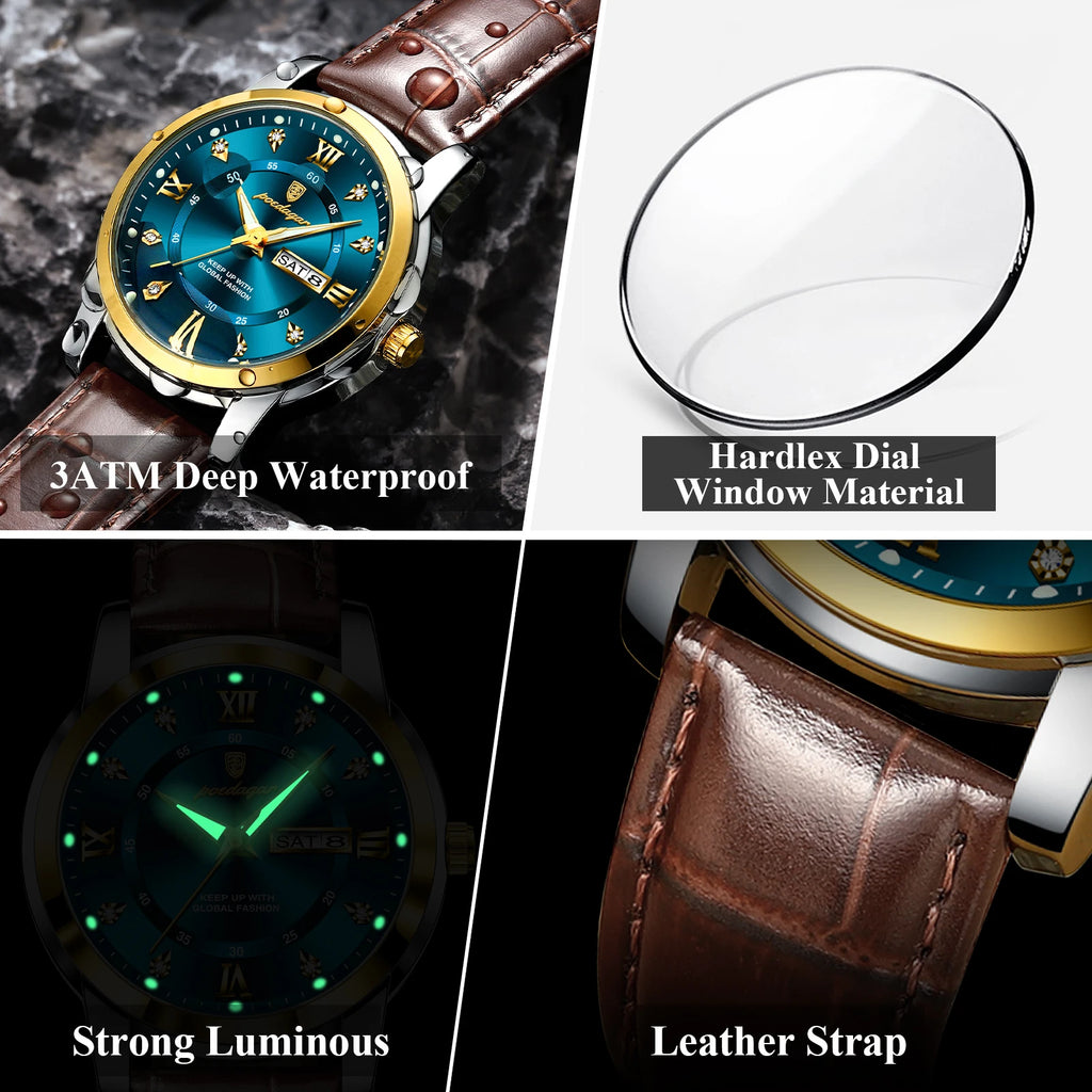 POEDAGAR Montre Homme Cuir Luxe — Quartz Élégant, Bracelet Cuir, Top Qualité