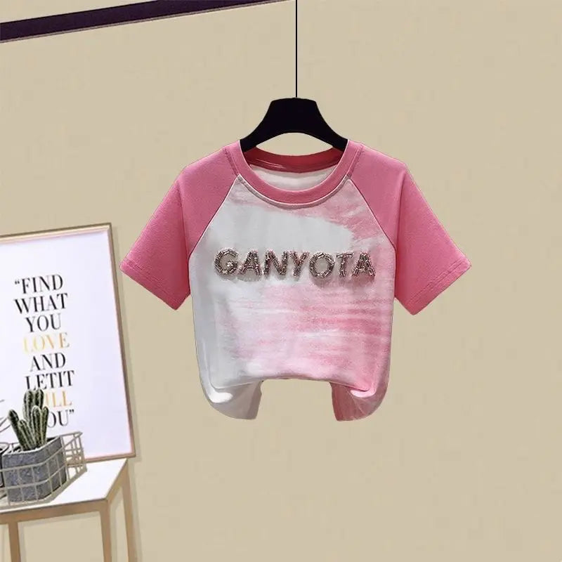 Ensemble 2 pièces filles ado – T-shirt manches courtes & short imprimé lettres, tenue été tendance